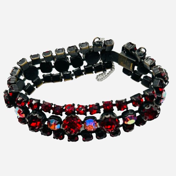 Stunning Vintage Regency Red Rhinestone AB Gun Metal Bracelet - Picture 2 of 8
